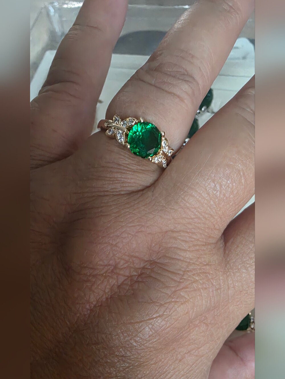 14k Gold Plated Emerald Ring With A Green Stone and Pavé Accents